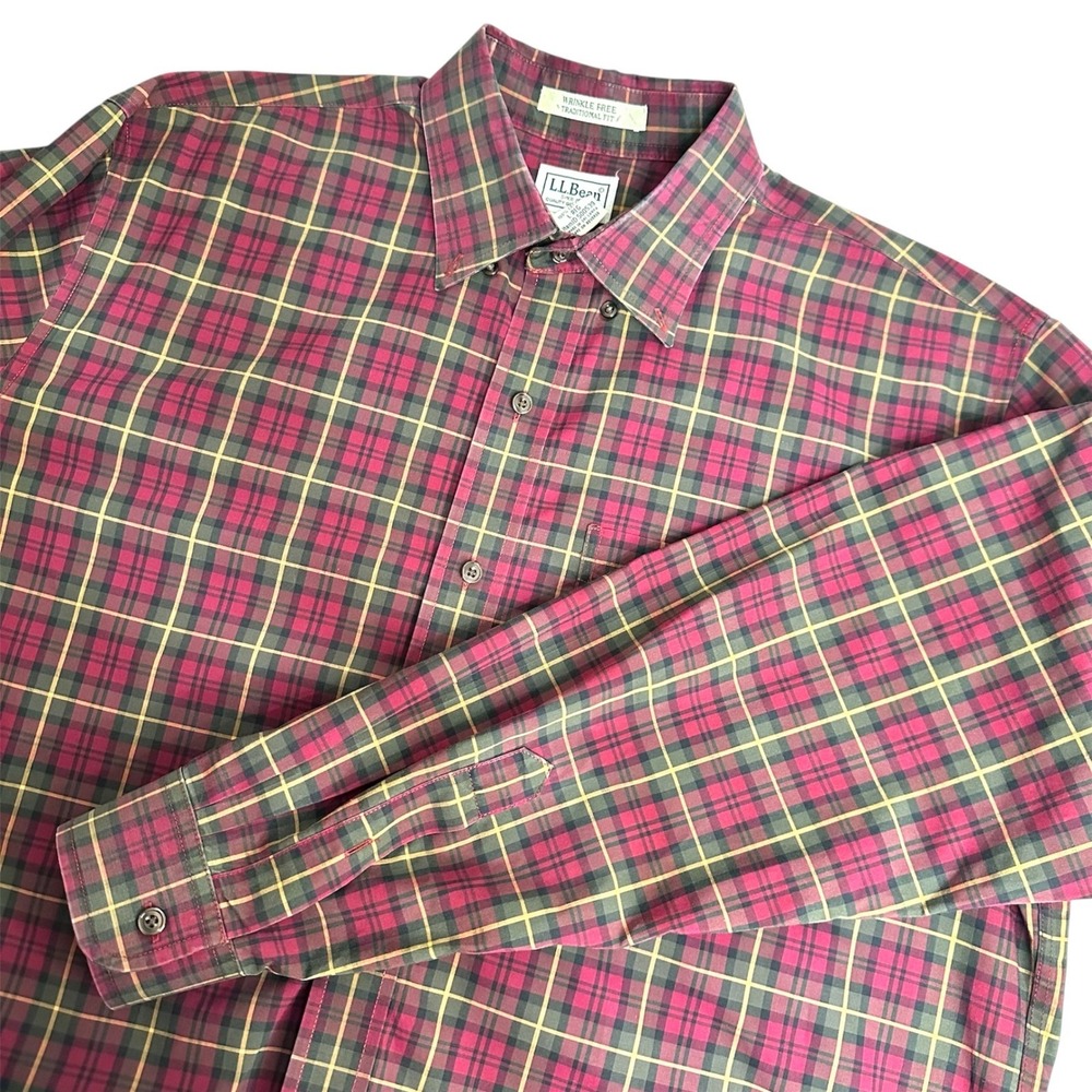 LL Bean Plaid‎ Button Down Shirt Mens L Large Red Green Wrinkle Free Cotton